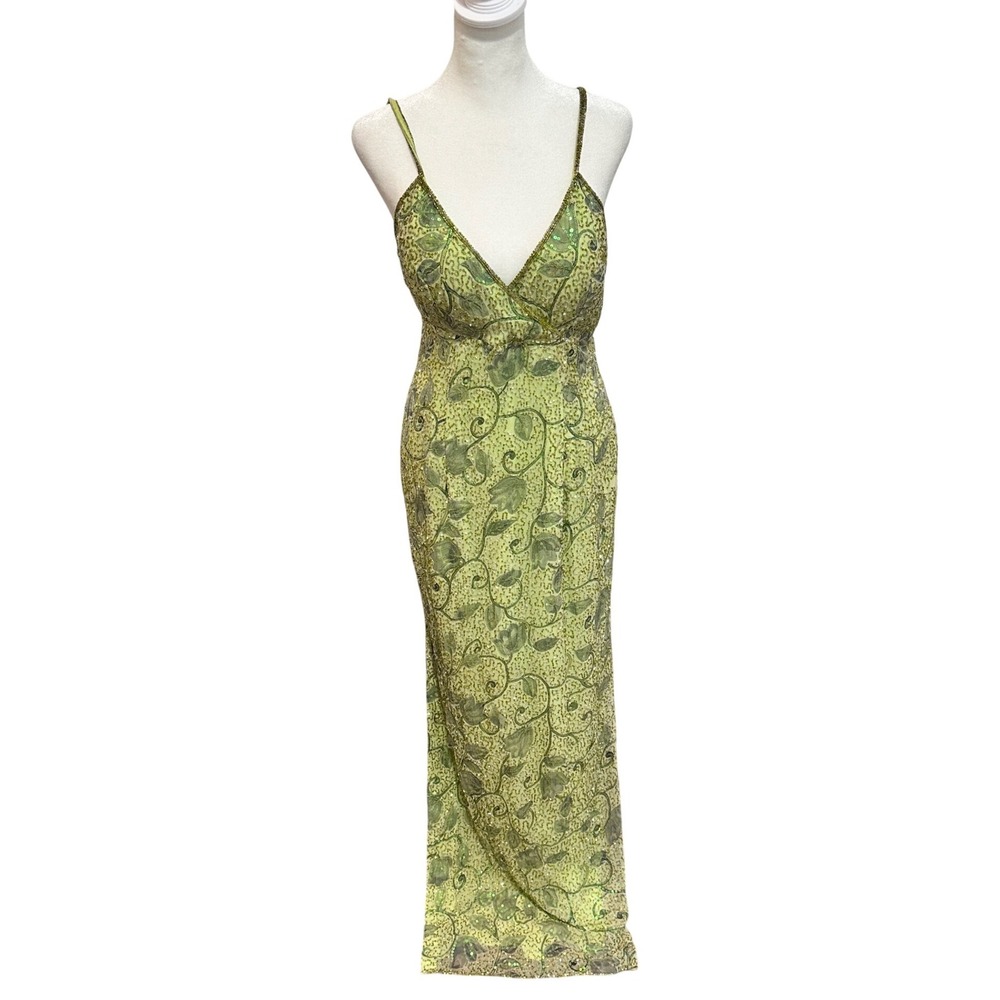 Sean Collection Vintage Y2K Green Beaded Silk Sequin Floral Dress Gown Medium